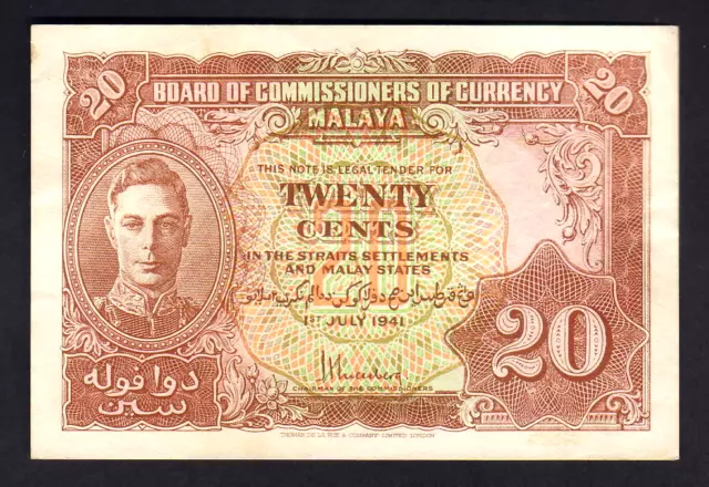 MALAYA P-9a. (1941) 20 Cents.. King George VI Portrait..  gEF