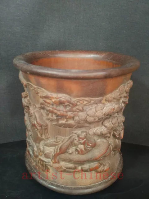 H 6.6" Chinese old Bamboo hand Carving Eight Immortals Brush Pot table deco gift