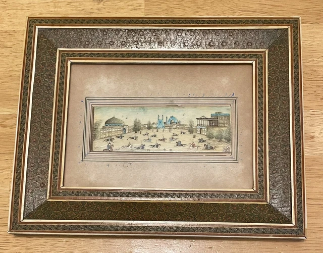 VINTAGE KHATAM KARI Inlay Frame Isfahan Chovgan Game Painting On Camel ...