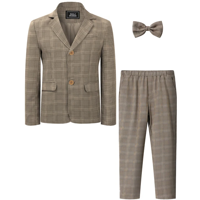 3PCS Boys' Suits Set Thick Plaid Jacket Trouser Bow Tie Kids Suit 5-12 Years