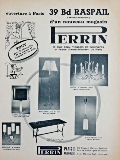 PUBLICITÉ DE PRESSE 1962 PERRIN Magasin de luminaires et de tissus D'ameublement