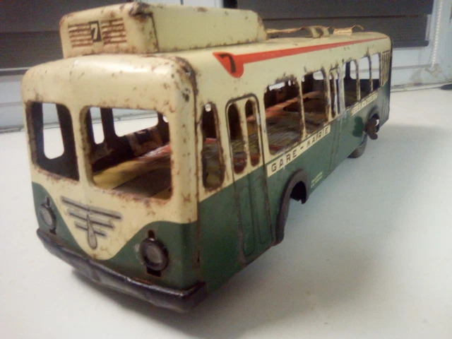 Jouet ancien Joustra Trolley bus moteur a clé , sonnerie , ... En tole années 50 - Collection