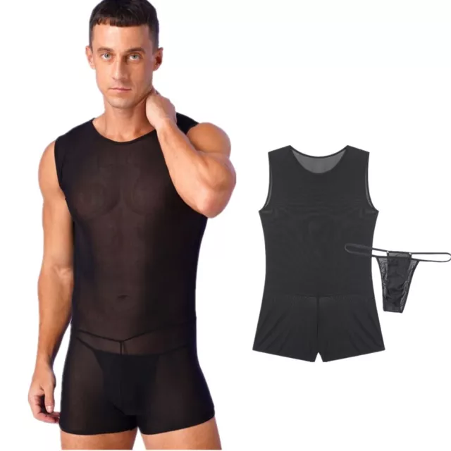 Mens See-Through Sleeveless Bodysuit and Thong Lingerie Suit Wrestling Singlet