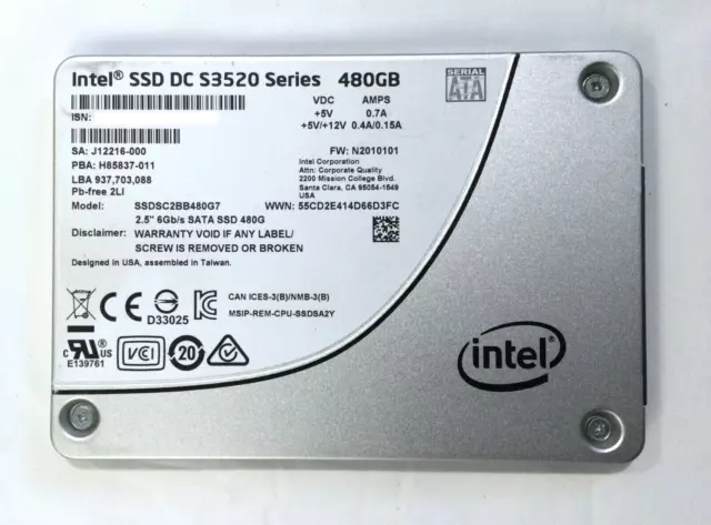 Intel DC S3520 Series 480GB 6Gb/s 2.5'' SATA SSD SSDSC2BB480G7 HEALTH: 100%