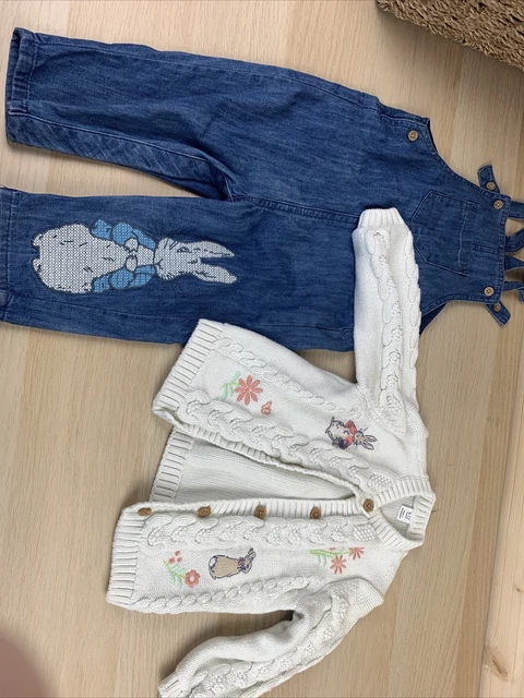 M&S 9-12 Peter Rabbit Gender Neutral Bundle Dungarees Cardigan Cross Stitch