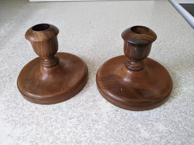 Pair Lovely Wooden Treen Short Candlesticks- 3 1/4 Inch Tall