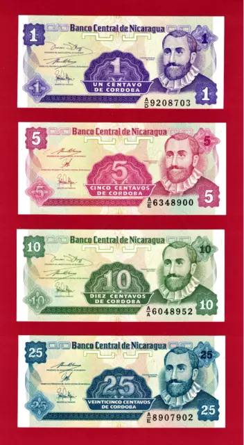 RARE 1991 LOTUS SET of 1, 5, 10 & 25 Centavos De Cordoba NICARAGUA UNC BANKNOTES