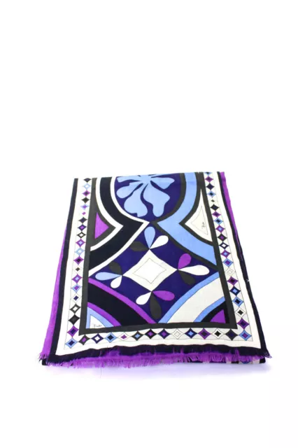 Emilio Pucci Womens Purple Blue Wool Silk Printed Fringe Edge Scarf