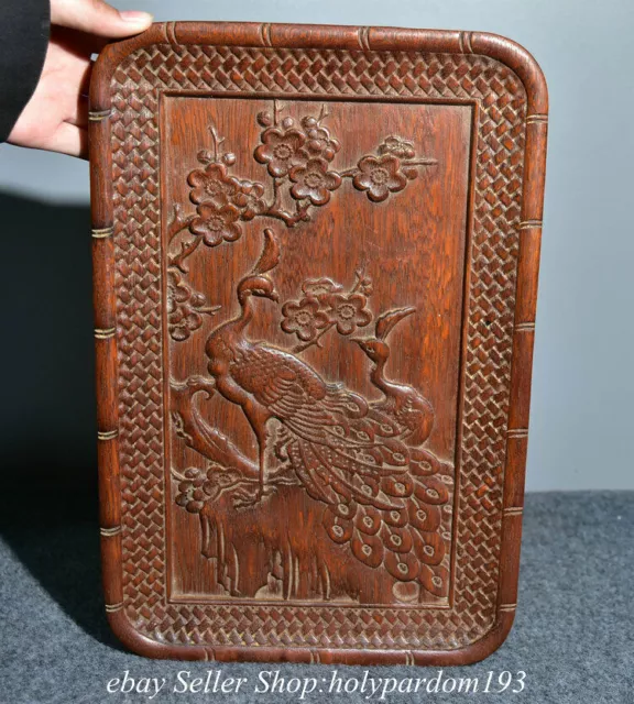 14.4" Old Chinese Huanghuali Wood Dynasty Palace Peacock Tray Plate statue