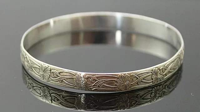 Beautiful Art Nouveau Repousse Flower Sterling Silver 8" Bangle Bracelet