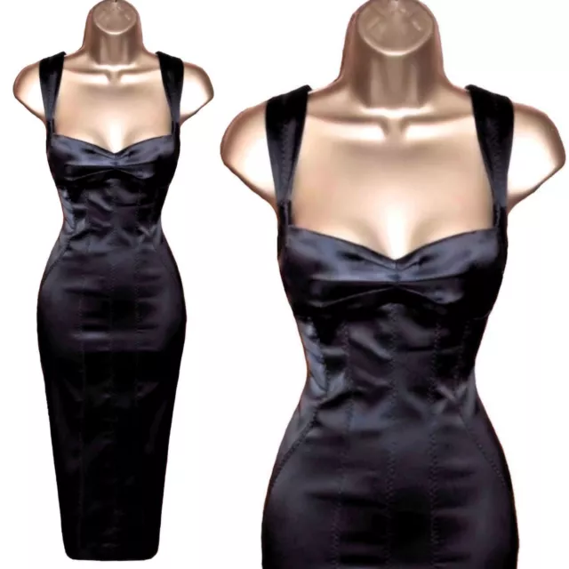 Karen Millen UK 8 (US 4) RARE VINTAGE BLACK SATIN BODYCON WIGGLE DRESS