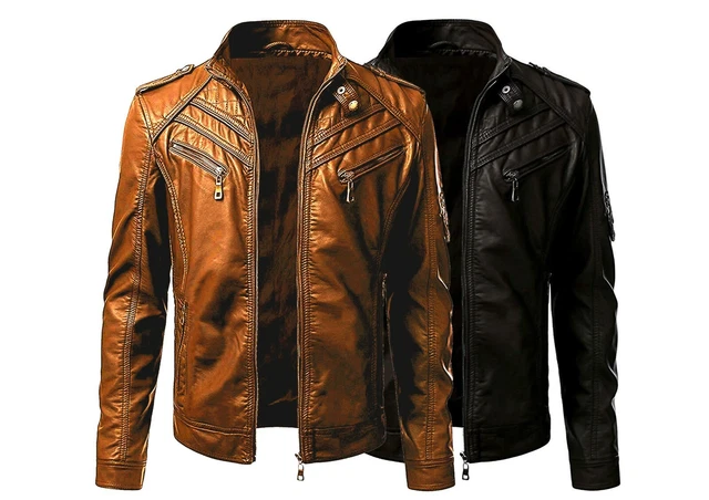 Giacca da uomo Biker Cafe Racer vintage moto effetto invecchiato marrone e nero in pelle