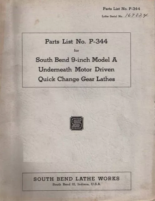 Manual 1945 South Bend Lathe No. P-344 - Parts List 9inch Model A Underneath Mot