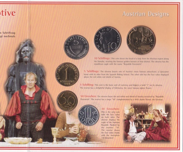 Austria - set 6 coins 10 50 Groschen 1 5 10 20 Schilling 1999 UNC in the booklet