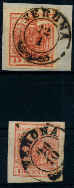 LOMBARDEI-VENETIEN 1850 15C, HP, Type III. und 15C, MP, Type III. VERONA