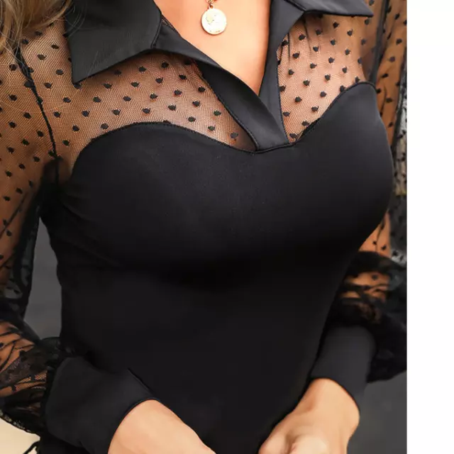WOMENS POLKA DOT See-through Long Sleeve Slim Party Tops OL Button ...