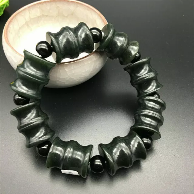 Chinese Hand Carved jade Bead Natural  Hetian blue jade  Bracelet