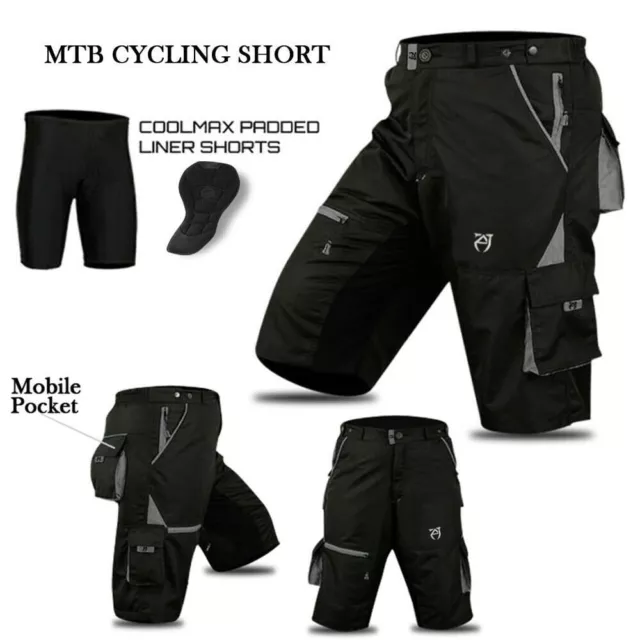 Mens Cycling MTB Shorts Baggy CoolMax Padded Liner Off Road AJ Shorts w Pockets