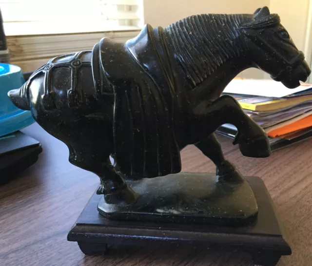 Vintage Chinese HandCarved Charcoal Hard Stone Tang Horse Statue Figurine Marble