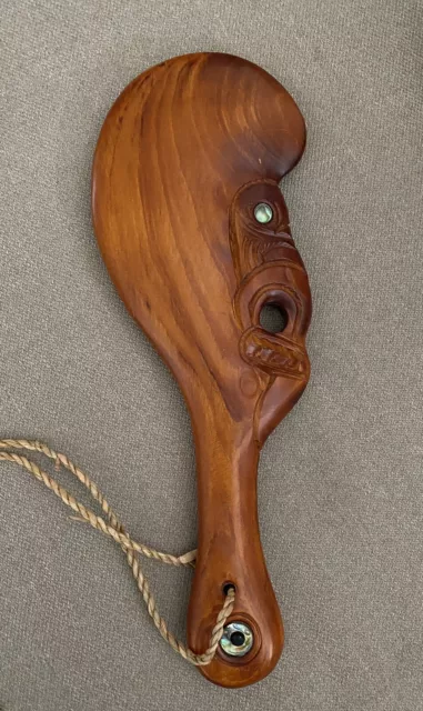 New Zealand Wahaika Maori Patu Club Wood Hand Carved Abalone Inlets 12.5”