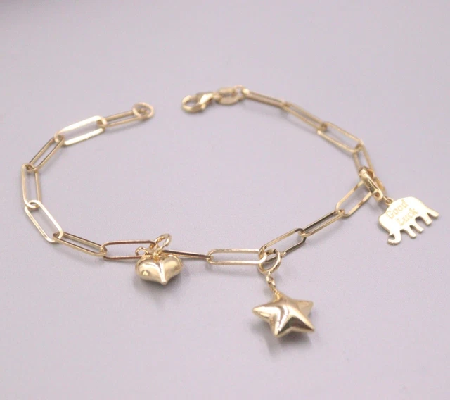 Pure 18K Yellow Gold Chain Star Heart Elephant Long Square Link Bracelet 4.6g