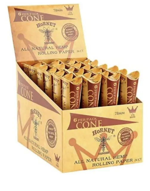 HORNET 1 1/4 Size Natural Pre-rolled Paper Cones 6pcs/Pack 24 Pack Per Box