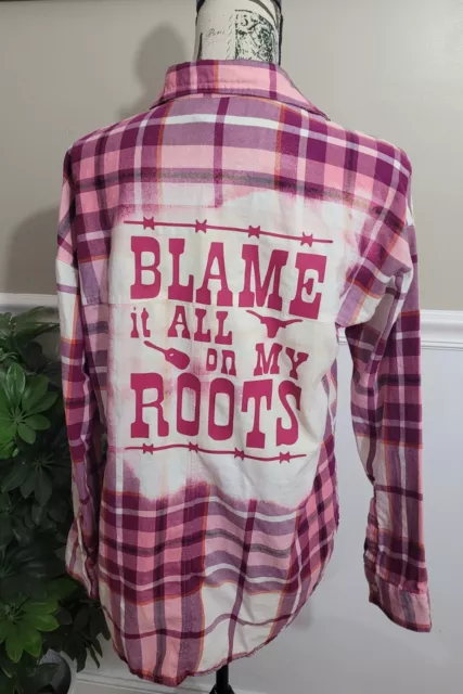 Womens Medium Bleached Plaid Upcycled Country Lyrics Button Down Blouse