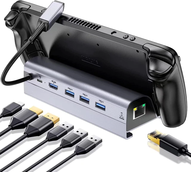Syntech Docking Station Compatible with Steam Deck Console Accessories, 6 -in-1 Dock with HDMI 2.0 4K@60Hz, Gigabit Ethernet, USB-A 3.0 X3, USB-C PD Charging, Round Base Design for Improved Stability Syntech Docking Station Compatible with Steam Deck Console Accessories, 6 -in-1 Dock with HDMI 2.0 4K@60Hz, Gigabit Ethernet, USB-A 3.0 X3, USB-C PD Charging, Round Base Design for Improved Stability