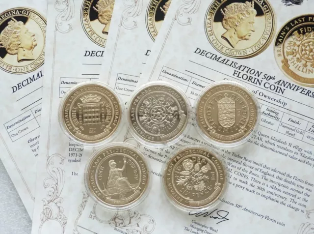 2021 Gibraltar Decimalisation One Crown .999 Gold Plated Proof 5 Coin Set