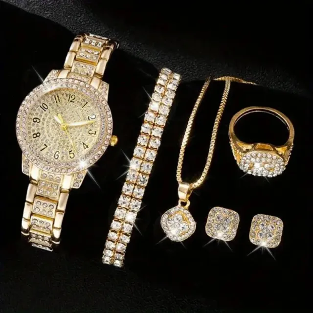 Watch Gift Set for Women Ladies Gold Rhinestone 5 Pieces of Jewellery Valentines