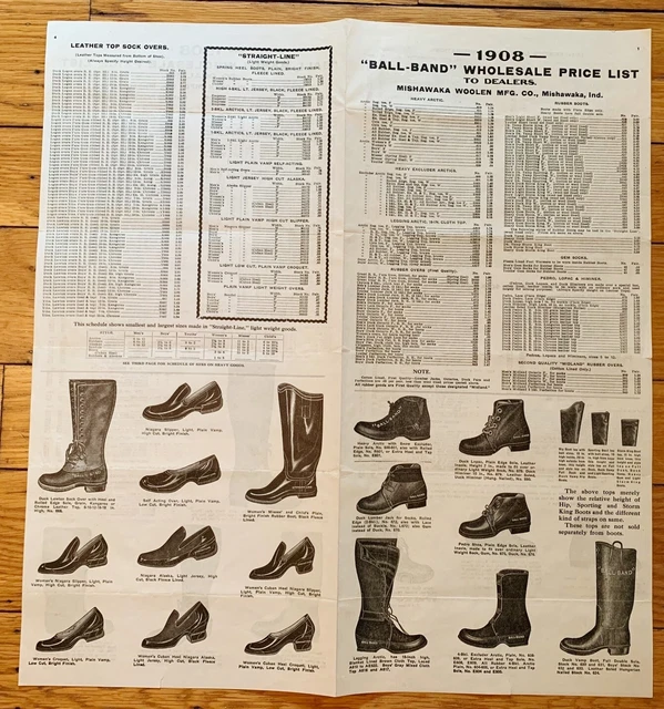 1908 Mishawaka Ball Band Boots Shoes Wholesale Price List w/ Engravings