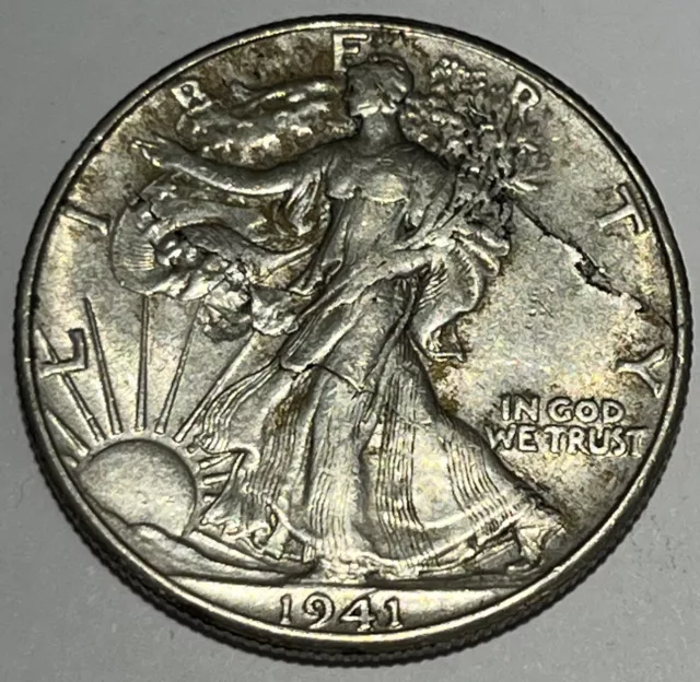 1941 50c ERROR LAMINATED OBVERSE WALKING LIBERTY SILVER HALF DOLLAR