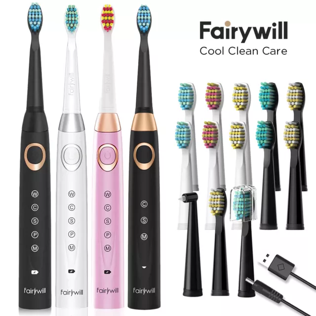 Fairywill Sonic Electric Toothbrush Rechargeable 5 Modes Kids Adults Brush Heads