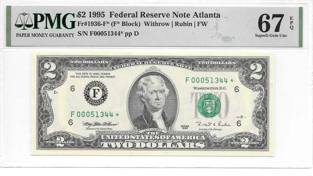 1995* Atlanta "Star" $2 FRN (F* Block) PMG 67 EPQ SUPERB GEM UNCIRCULATED