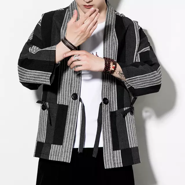 Men Striped Kimono Cardigan Coat Jacket Japanese Vintage Haori Yukata Loose Tops