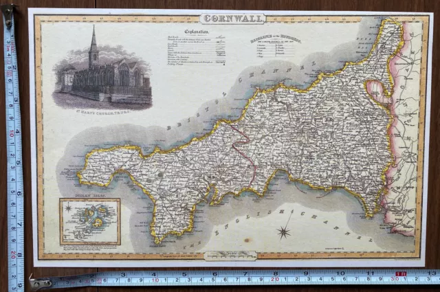 Old Victorian Colour Map Cornwall: 1840 Pigot: Historical, Antique: Reprint