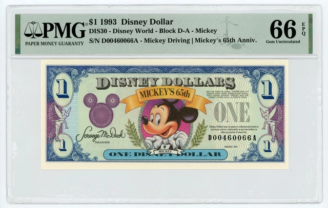 1993 Mickey Driving | Mickey's 65th Anniv. DISNEY DOLLAR Note - PMG 66 EPQ 1993 Mickey Driving | Mickey's 65th Anniv. DISNEY DOLLAR Note - PMG 66 EPQ