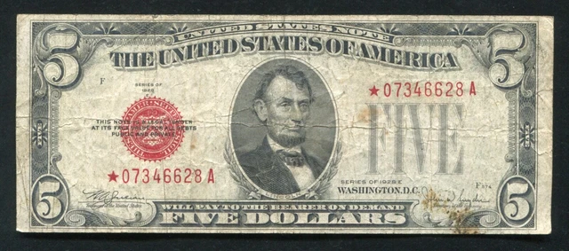 Fr. 1530* 1928-E $5 Five Dollars *Star* Red Seal Legal Tender United States Note