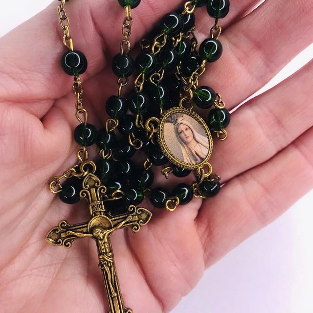 Rosary Green Round Beads Crucifix Christian Gold Tone I hope in Thee