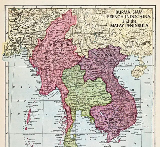 1953 French Indochina Map Siam Burma Malay Peninsula Assam Cambodia