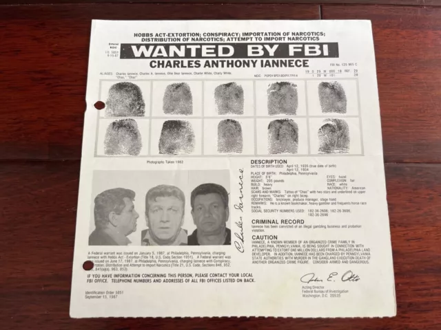 *Rare* Charles "Charlie White" Iannece Philly Mafia Scarfo Fbi Wanted Poster
