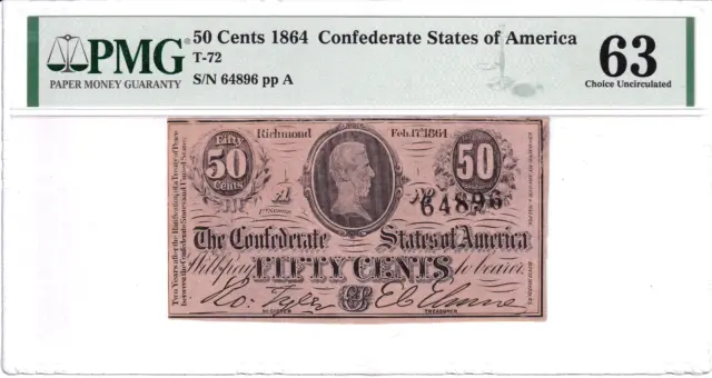 1864 50 Cents Note Confederate States of America T-72 NGC Choice Unc 63 #64896