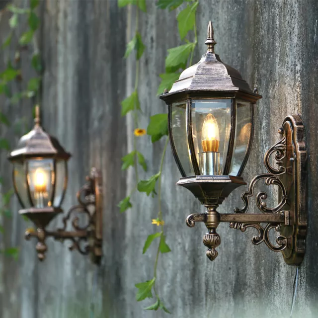 Rustic Country Black/Brass Metal Lantern Glass Outdoor Wall Lights Fixtures Yard 2