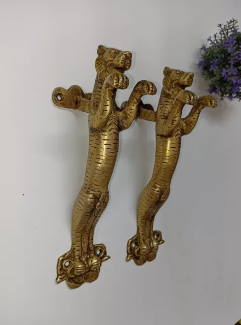 Jumping Tiger Door Handle Pair Brass Panther Design Door Pull Home Decor AJ168