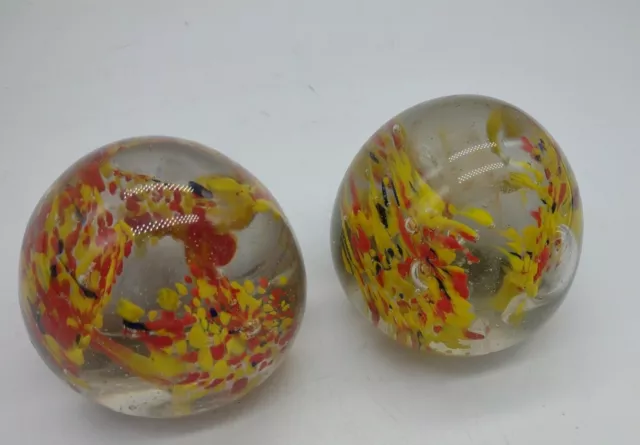 Vintage 2 Paperweights venetian Art Glass Orange & Yellow Spray Small Clear 2"