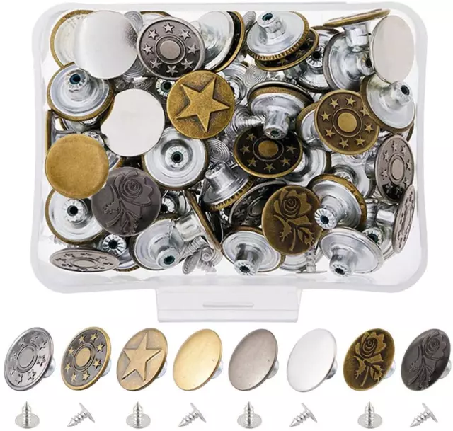 Yakamoz 80 Sets 17Mm Metal Jeans Button Kit Fastener Tack Buttons for Denim Jean