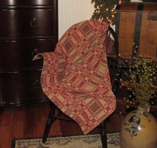 Prim Antique Vtg Style Red Green Tan Cotton Woven 32" COVERLET Square RQ30RGSS