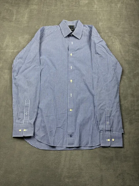 David Donahue Dress Shirt Men’s 17 36/37 Solid Blue Plaid Trim Fit Button Up