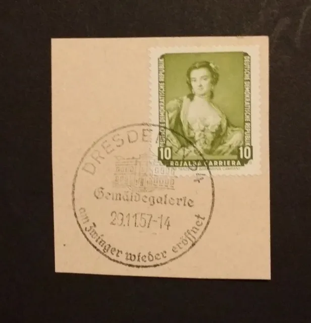 DDR Mi.- Nr. 587 auf Briefstück mit SST Gemäldegalerie Dresden 1957
