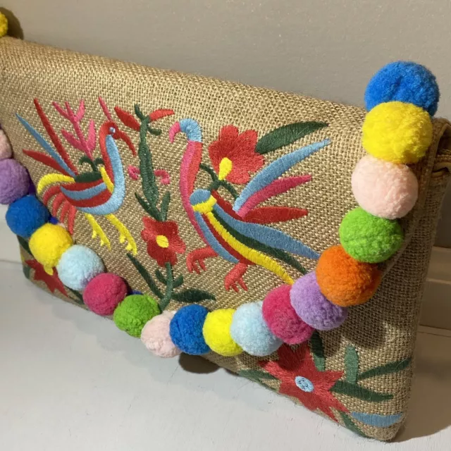 Hello 3AM Embroidered Clutch Burlap Birds Rainbow Pride PomPom Purse Gold, NWT 3